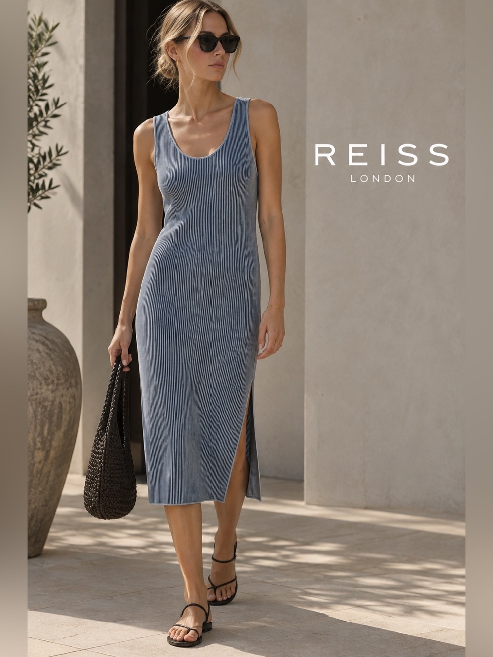 REISS Blue Striped Ribbed Knit Sleeveless MIDI Dress Size 10